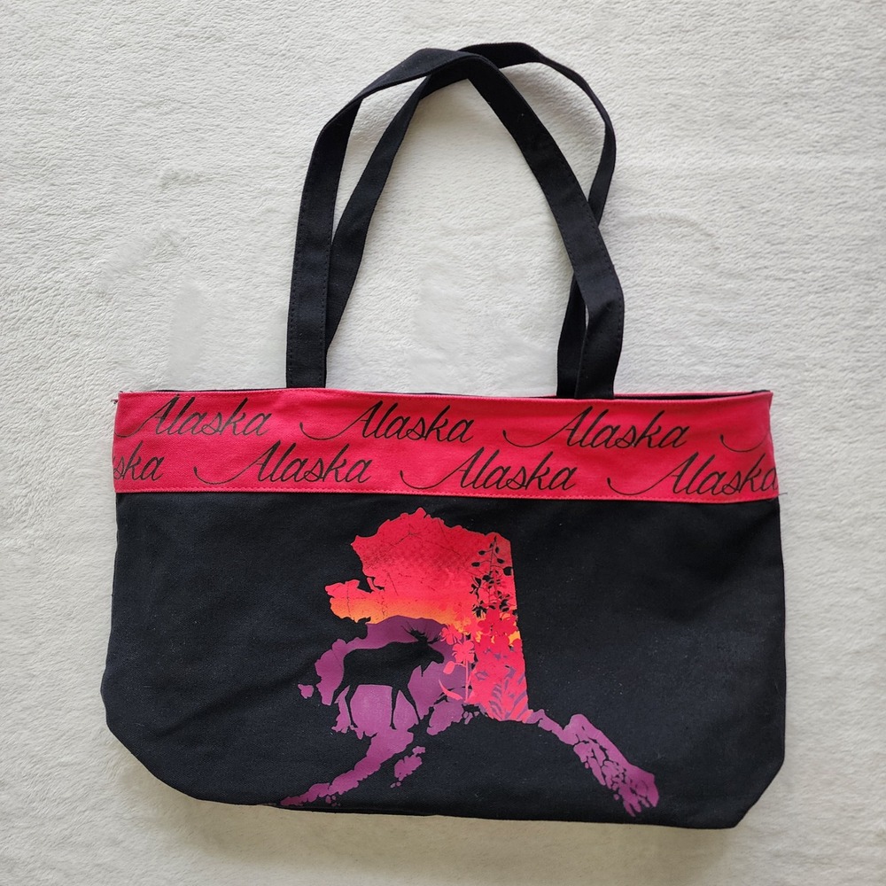Alaska Canvas Tote Bag Black Red Pink Sunset Moose‎ Souvenir